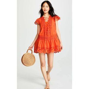 Free People Orange Esperanza Eyelet Boho Flowy Lace-Up Mini Dress